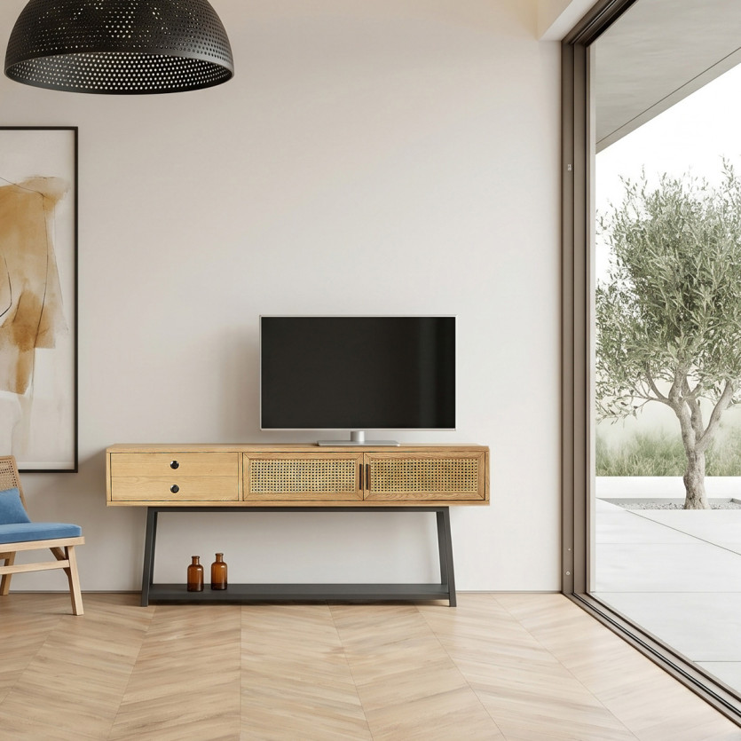 Console LALALA - Style scandinave en chêne, cannage et métal, 2 portes, 1 tiroir