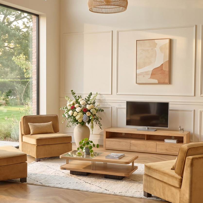 Meuble TV CAMILLE - Style contemporain, plateau en chêne, 3 tiroirs, 180 cm