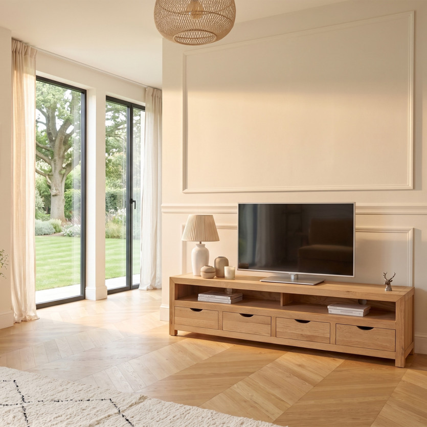 Mueble TV DANIA - Estilo contemporáneo, patas de madera maciza, 4 cajones, 1 nicho