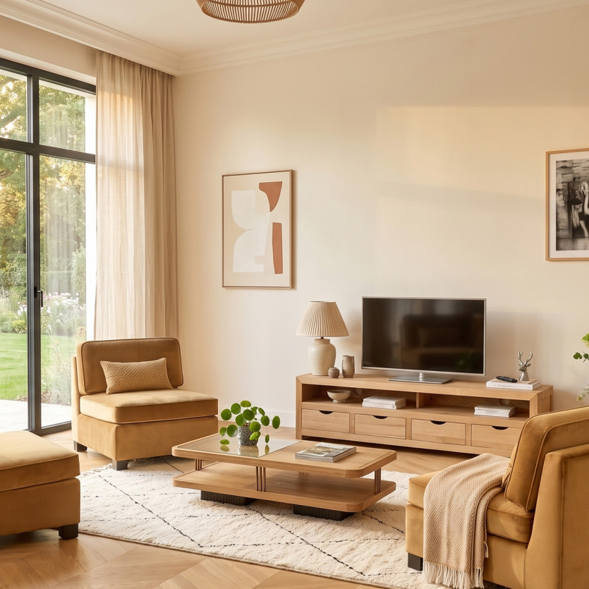 Meuble TV DANIA – Style contemporain, plateau en chêne, 4 tiroirs, 1 niche