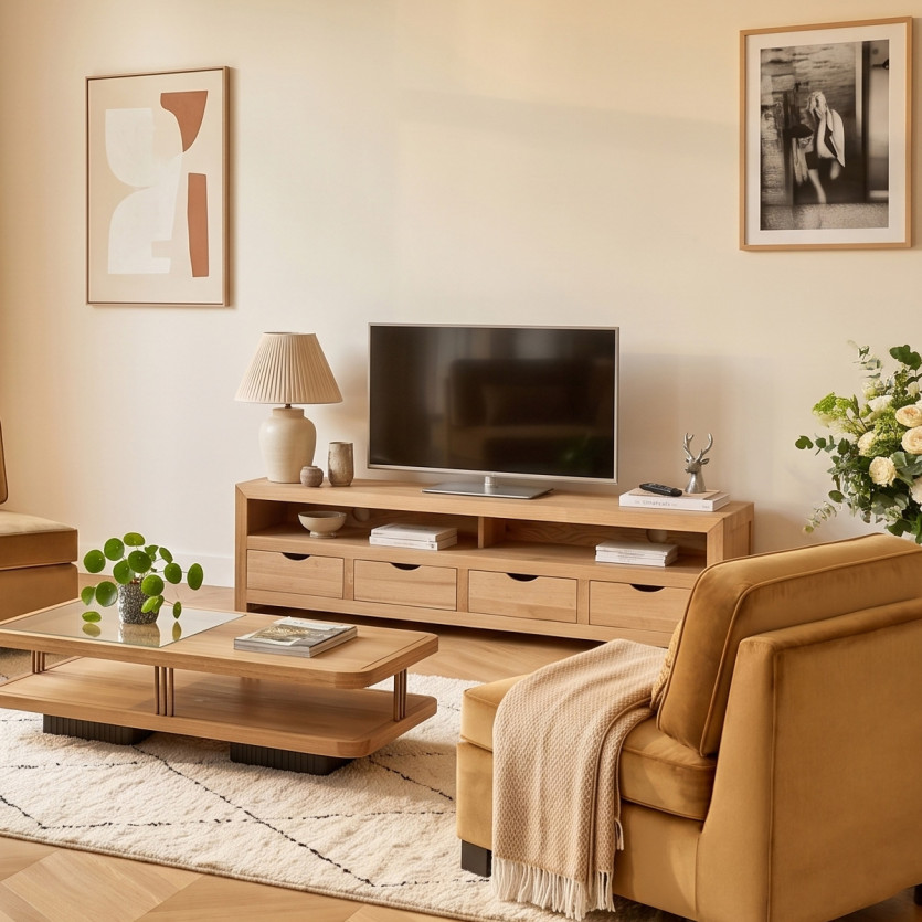 Meuble TV DANIA – Style contemporain, plateau en chêne, 4 tiroirs, 1 niche