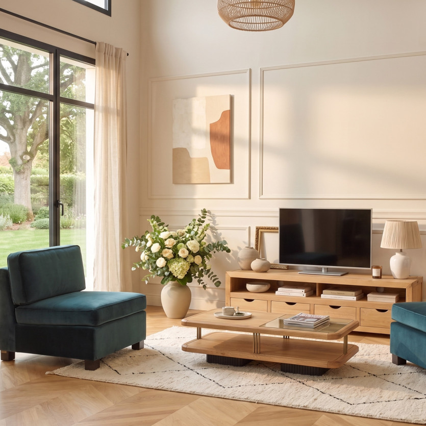 TV-meubel DANIA – Eigentijdse stijl, massief houten poten, 4 lades, 1 nis