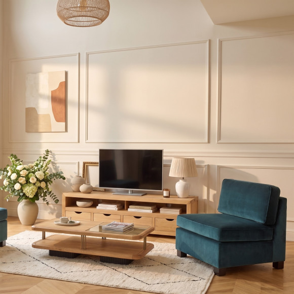Meuble TV DANIA – Style contemporain, plateau en chêne, 4 tiroirs, 1 niche