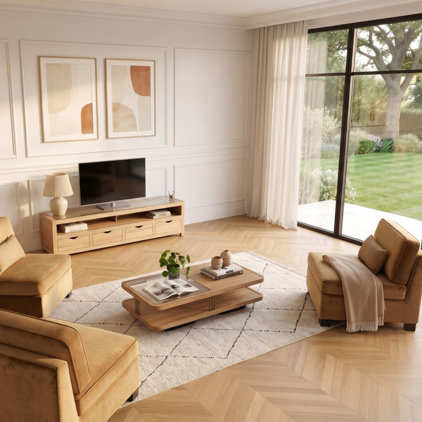 Meuble TV DANIA – Style contemporain, plateau en chêne, 4 tiroirs, 1 niche