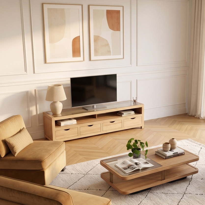 Mueble TV DANIA - Estilo contemporáneo, patas de madera maciza, 4 cajones, 1 nicho