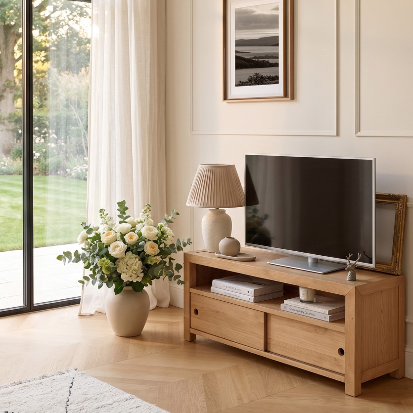 Meuble TV PAOLA - Style contemporain en chêne, 2 portes coulissantes, 100 cm