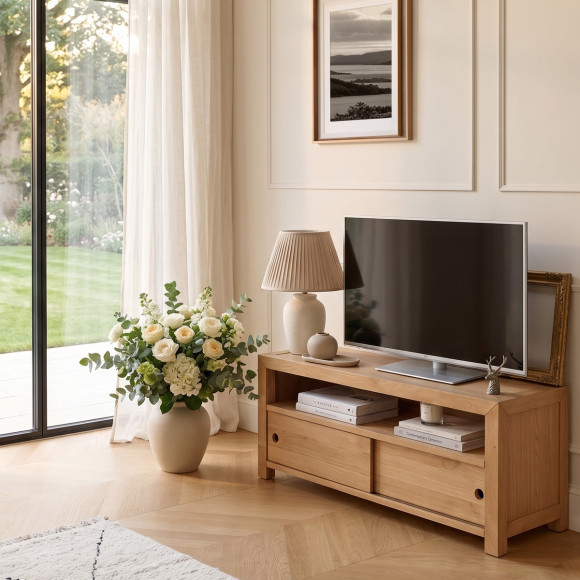 TV-meubel PAOLA - Eigentijdse stijl in eikenhout, 2 schuifdeuren, 100 cm