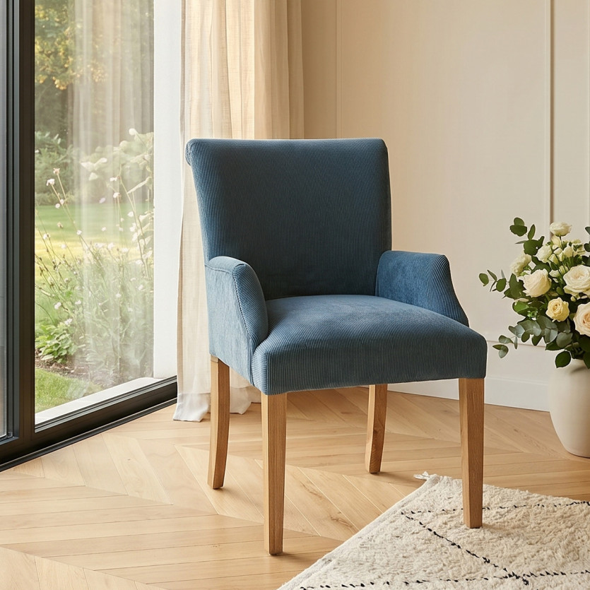 Fauteuil de table ALBA - Style contemporain, pieds en bois massif, tissu côtelé