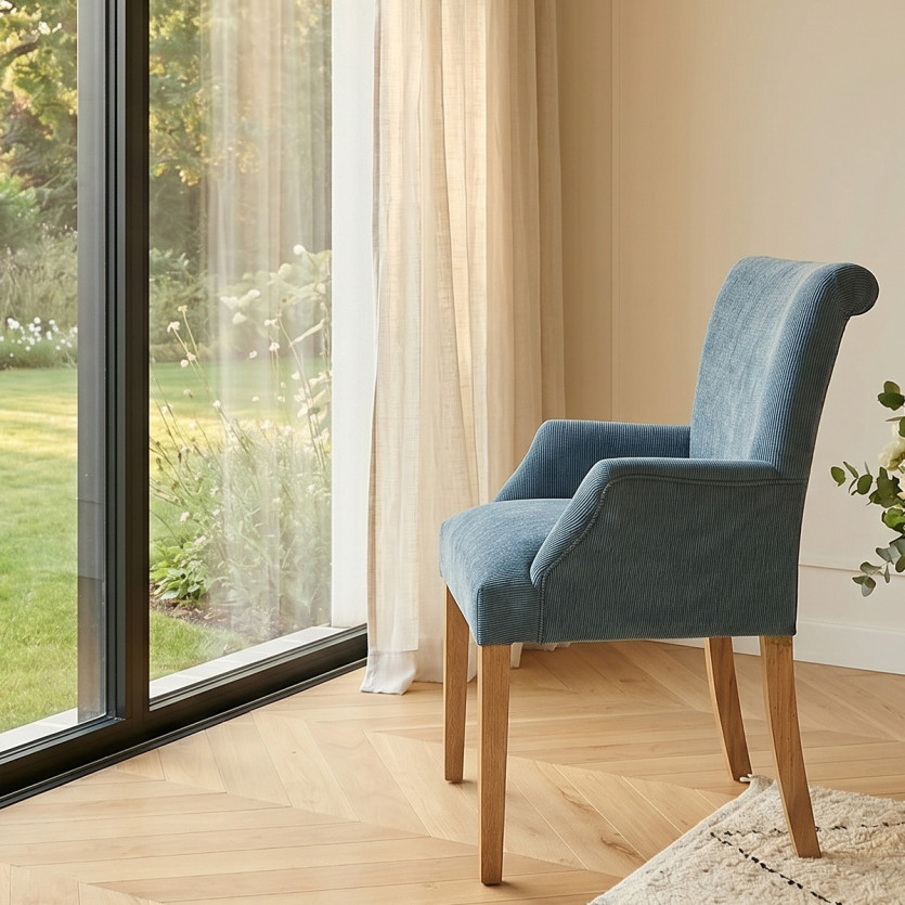 Fauteuil de table ALBA - Style contemporain, pieds en bois massif, tissu côtelé