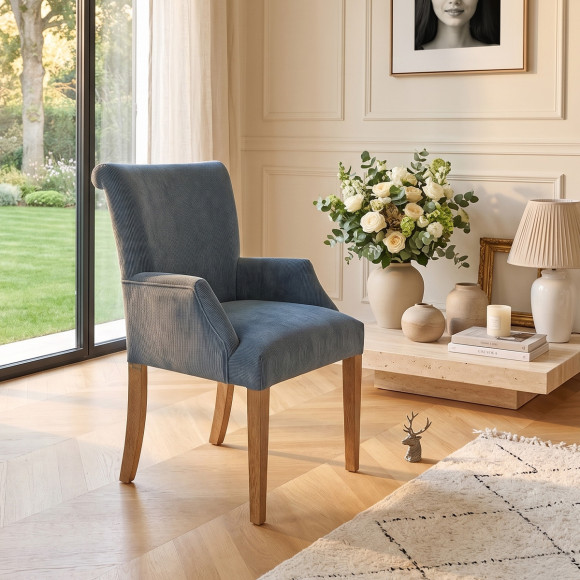 Fauteuil de table ALBA - Style contemporain, pieds en bois massif, tissu côtelé