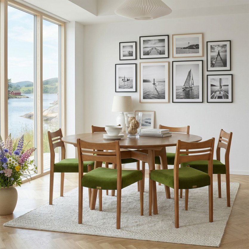 Table à manger ronde LEA - Style scandinave, pieds en bois massif, 6/8 personnes