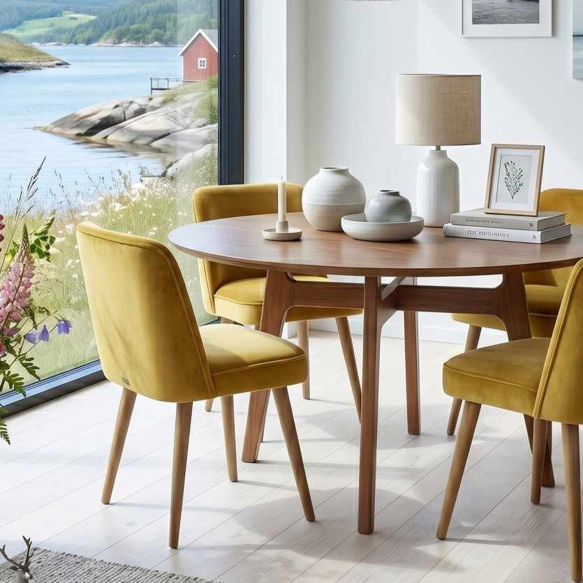 Table à manger ronde LEA - Style scandinave, pieds en bois massif, 6/8 personnes