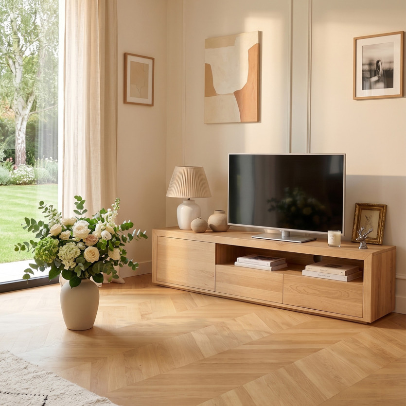 Meuble TV CAMILLE - Style contemporain, plateau en chêne, 2 tiroirs, 1 porte, 180 cm