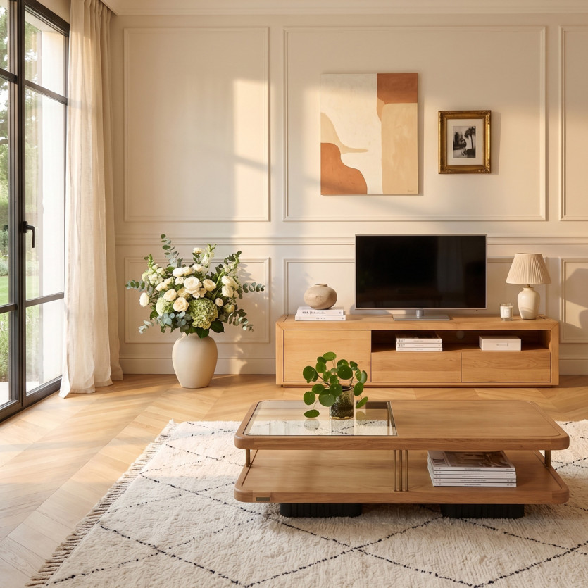 Meuble TV CAMILLE - Style contemporain, plateau en chêne, 2 tiroirs, 1 porte, 180 cm