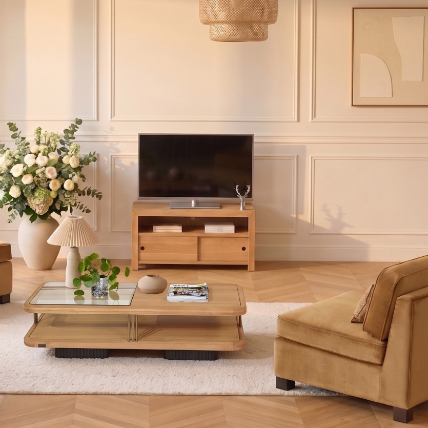 Meuble TV PAOLA - Style contemporain en chêne, 2 portes coulissantes, 100 cm