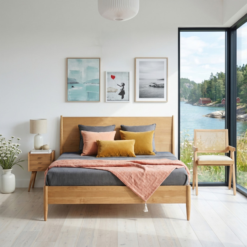 Lit double DALHIA - Style scandinave en bois, 140 x 200