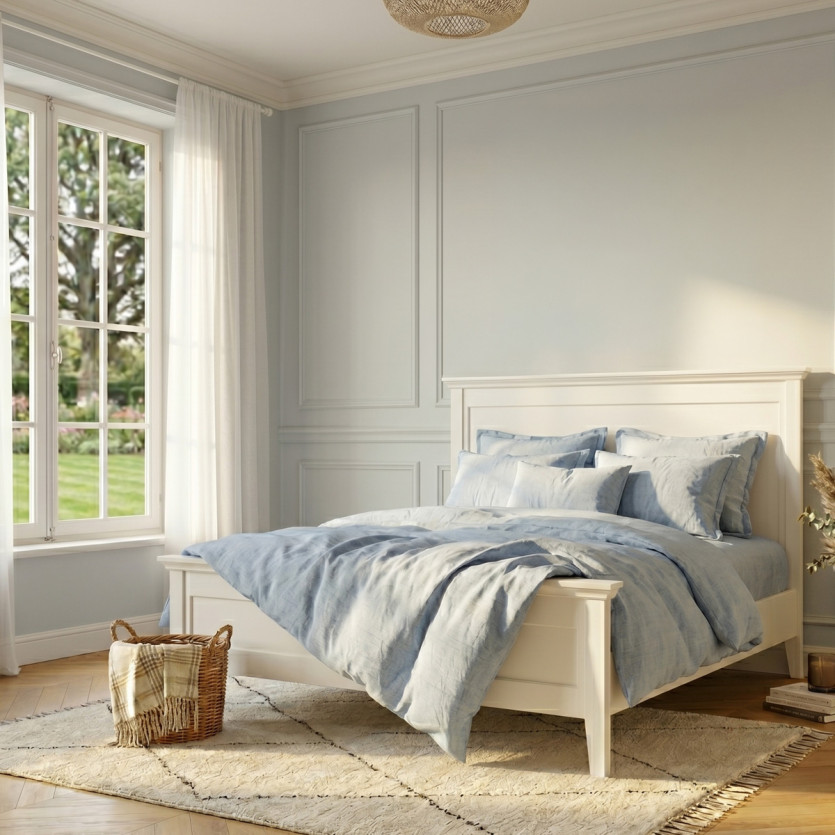 VANESSA - Lit double style bord de mer en pin laqué blanc, 160 x 200