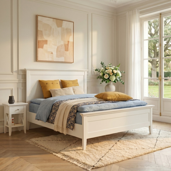VANESSA - Lit double style bord de mer en pin laqué blanc, 160 x 200