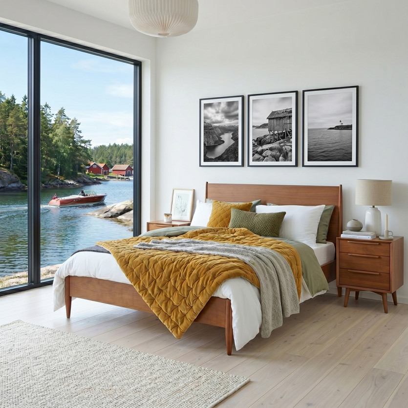 Lit double DALHIA - Style scandinave en bois, 150 x 200, taille anglaise