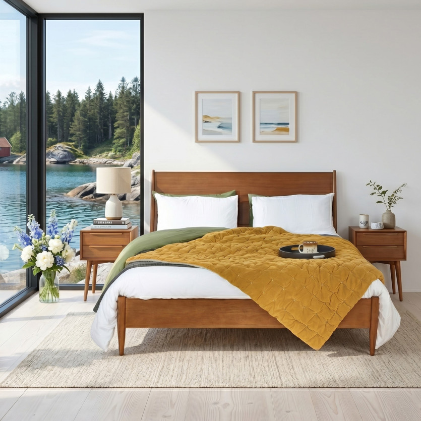 Lit double DALHIA - Style scandinave en bois, 150 x 200, taille anglaise