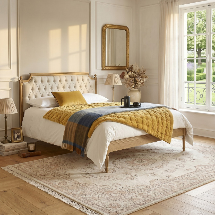 Lit deux places JAMES - Style romantique en chêne et lin coton 140 x 190 cm
