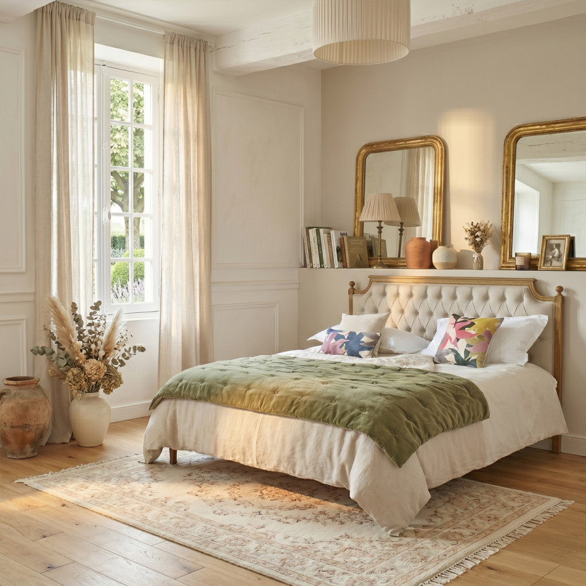 Cama doble JAMES - Estilo romántico en roble y lino algodón 140 x 190 cm