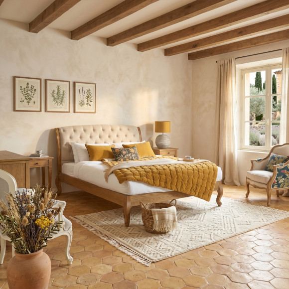 RICHARD Double Bed - Romantic style in oak and cotton linen 160 x 200