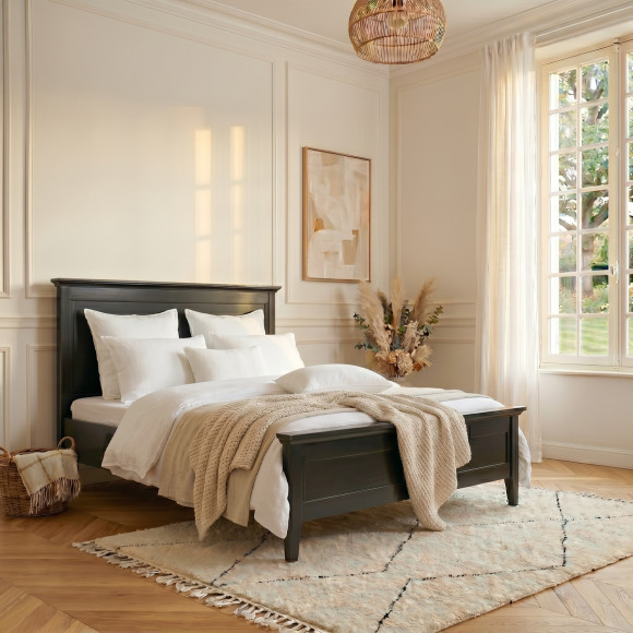 VANESSA - Lit double style bord de mer en pin laqué noir, 160 x 200