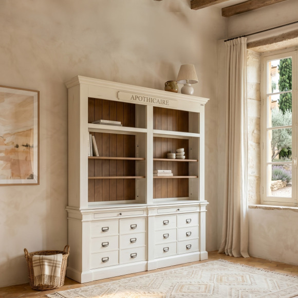 GUSTAVE - Libreria aperta in stile classico in legno, 4 porte, 8 ripiani, 2 cassetti