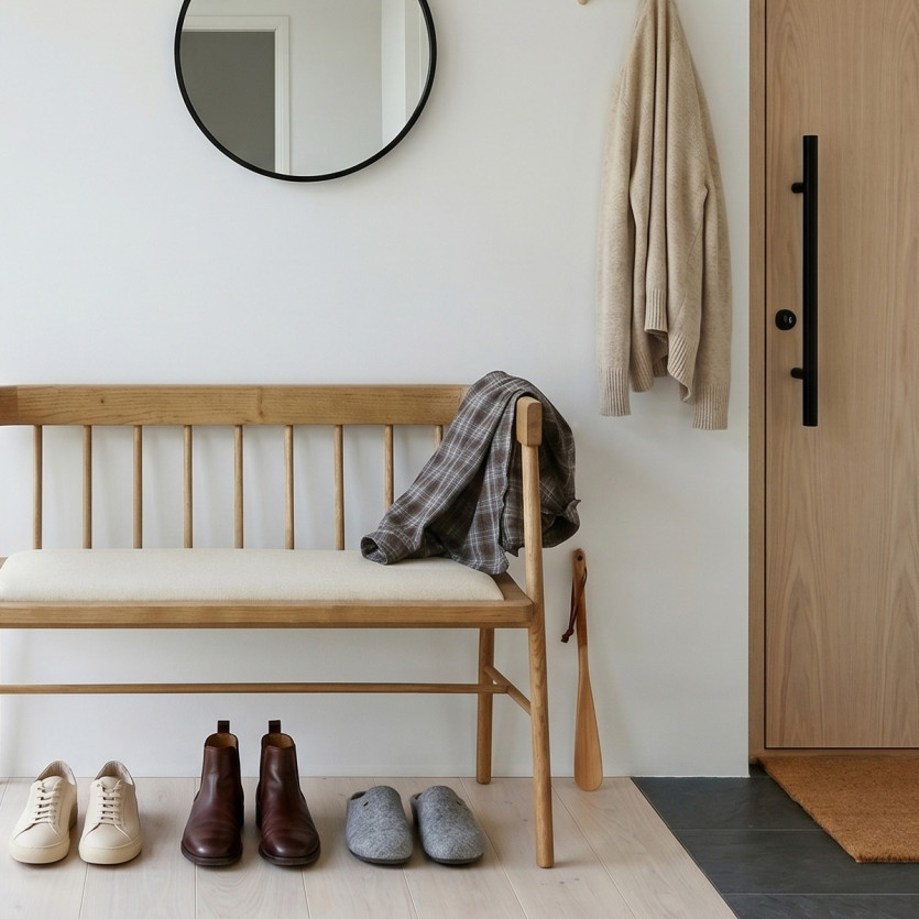 WILLIAM Bench - Shabby chic style in solid wood, cotton linen, 108 cm