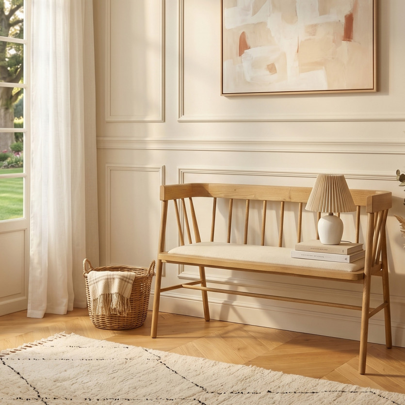 WILLIAM Bench - Shabby chic style in solid wood, cotton linen, 108 cm