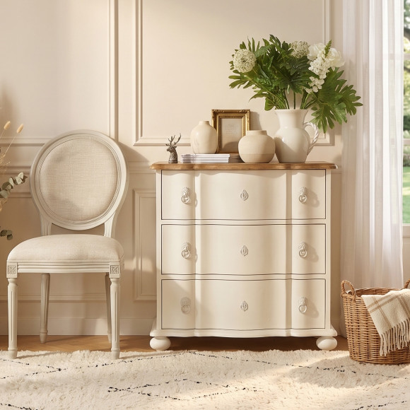 Petite commode arbalète LAUREN - Style shabby chic, plateau en chêne, 3 tiroirs