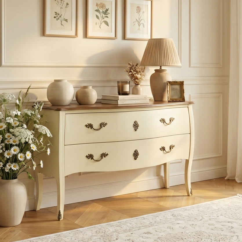 ALIENOR - Commode blanche style Louix XV, plateau en chêne, 2 tiroirs - bois certifié FSC®