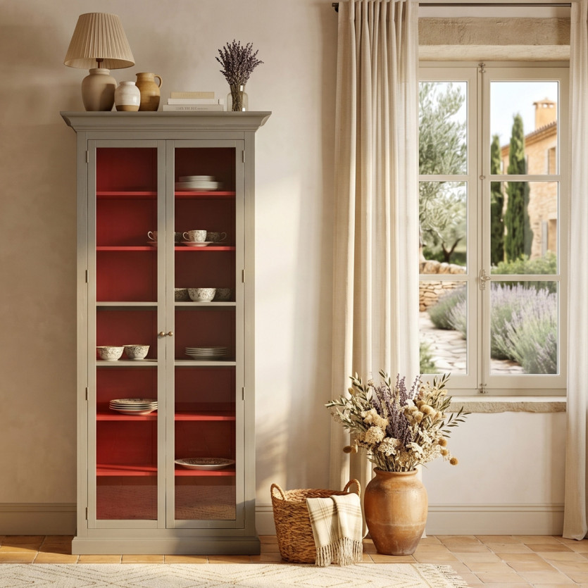 EMILY - Armoire vitrine style shabby chic, laquée gris, 2 portes, 6 étagères