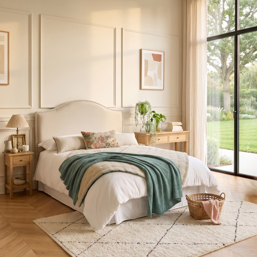 Tête de lit APOLLINAIRE – Style romantique en lin et coton, finition cloutée, 140 cm