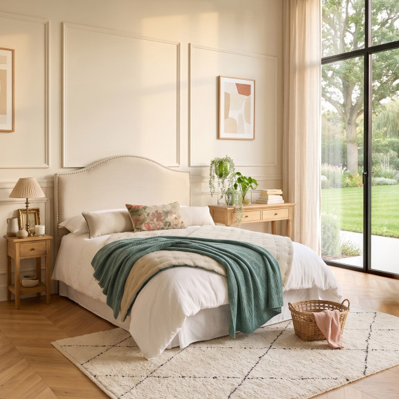 Tête de lit APOLLINAIRE – Style romantique en lin et coton, finition cloutée, 140 cm