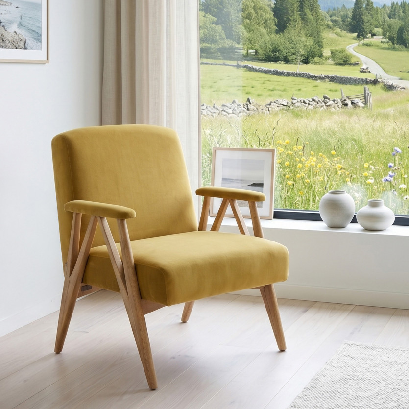 Poltrona WILLY - Stile scandinavo in legno e velluto, 1 posto
