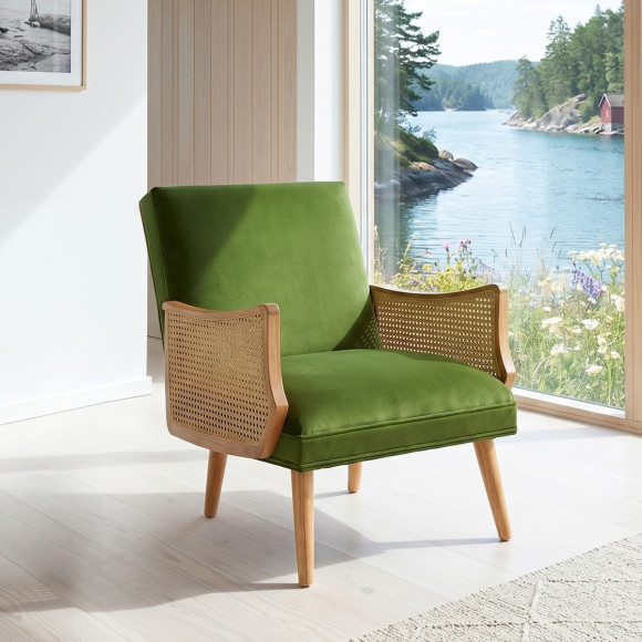 Fauteuil CUBA - Style scandinave en cannage et velours vert vintage, 1 place