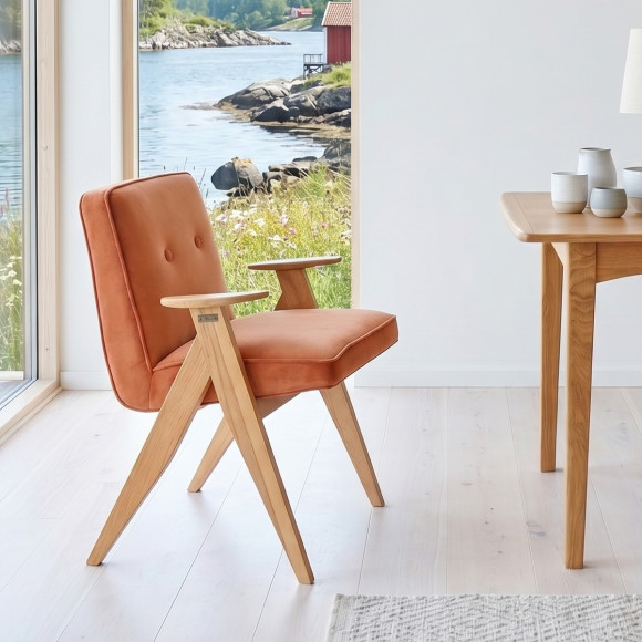 BILLY - Fauteuil de style vintage en bois massif et velours de coton, 1 place