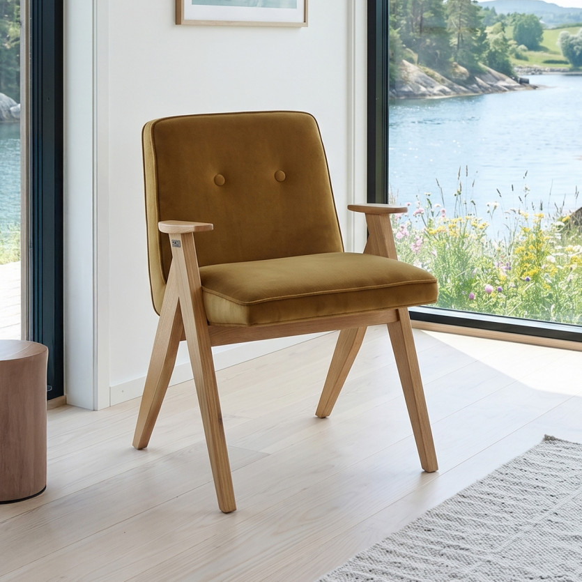 BILLY - Fauteuil de style vintage en bois massif et velours de coton, 1 place