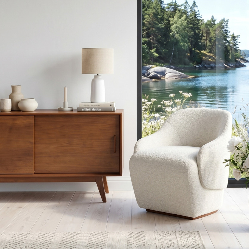 PRESLEY - Nordischer Sessel aus weißem Bouclé-Polyesterstoff, 1-Sitzer
