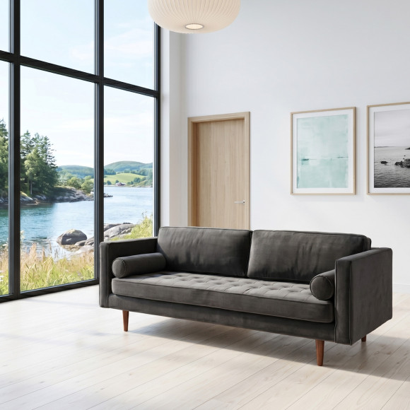 JONAS Sofa - Scandinavian style in velvet and wood, tufted seat, 3-seater