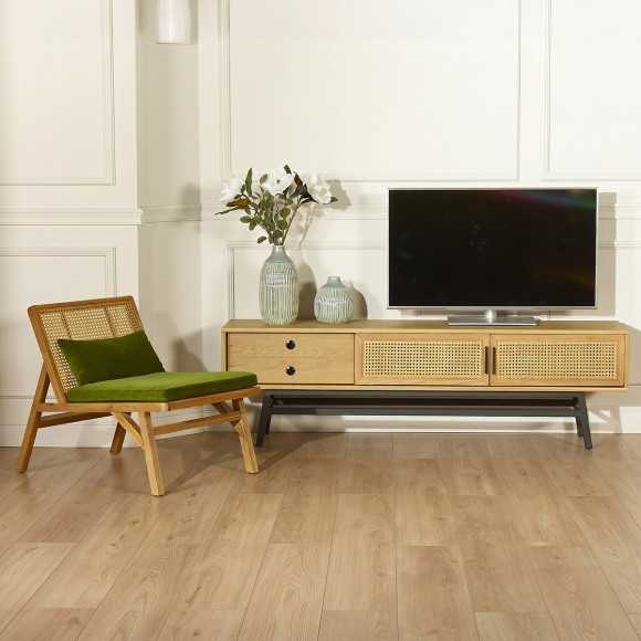 LALALA - Meuble TV style scandinave en bois et rotin, 2 portes, 1 tiroir
