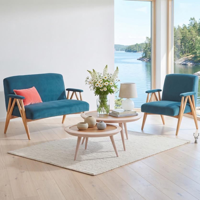 WILLY - Panchetta in stile scandinavo in velluto e legno massiccio, 2 posti