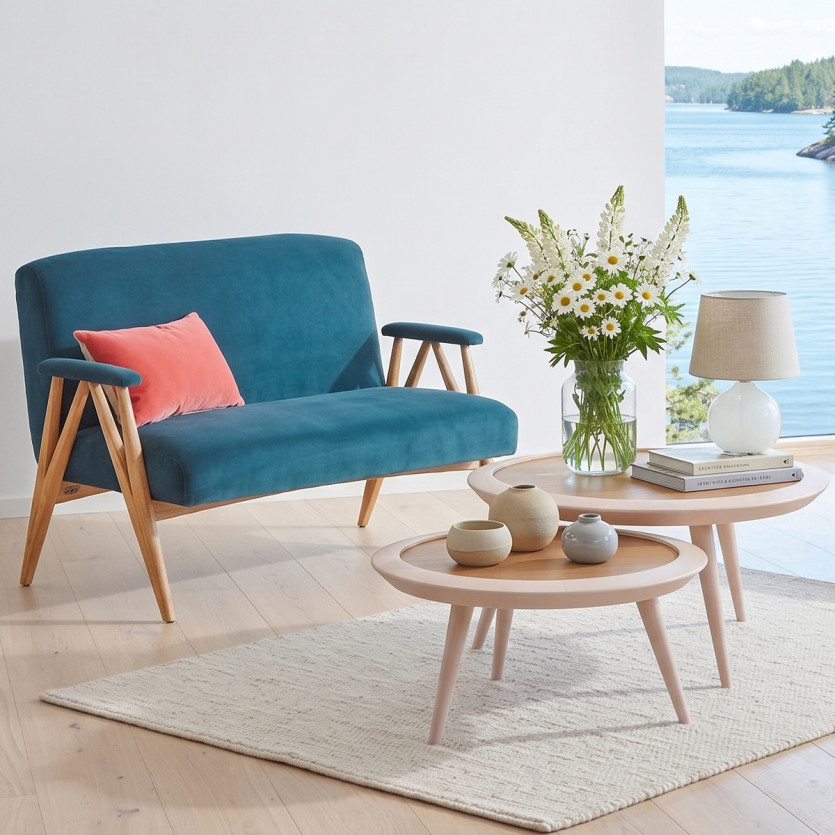 WILLY - Scandinavian-style bench in velvet and solid wood, 2-seater