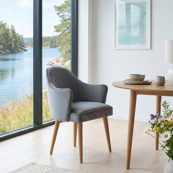 SAINT GERMAIN - Fauteuil de table style nordique en bois massif et tissu velours, 1 place