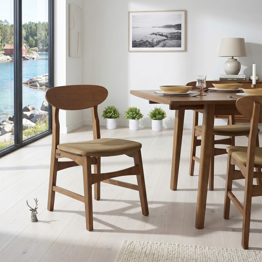 DALHIA - Lot de 2 chaises style nordique en bois massif et tissu velours camel