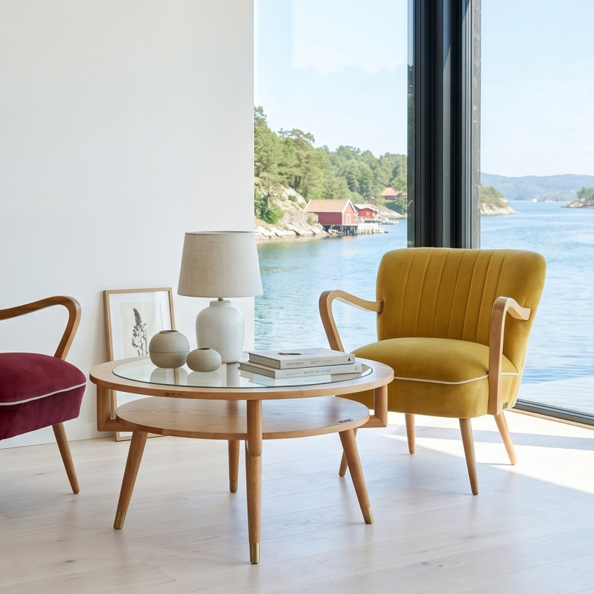 MANHATTAN – Table basse double plateau ronde, style scandinave en chêne et verre trempé, bois certifié FSC®
