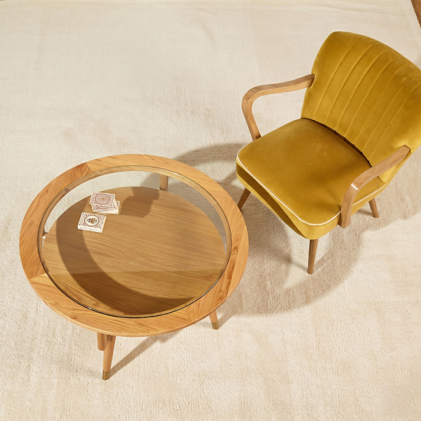 MANHATTAN – Table basse double plateau ronde, style scandinave en chêne et verre trempé, bois certifié FSC®