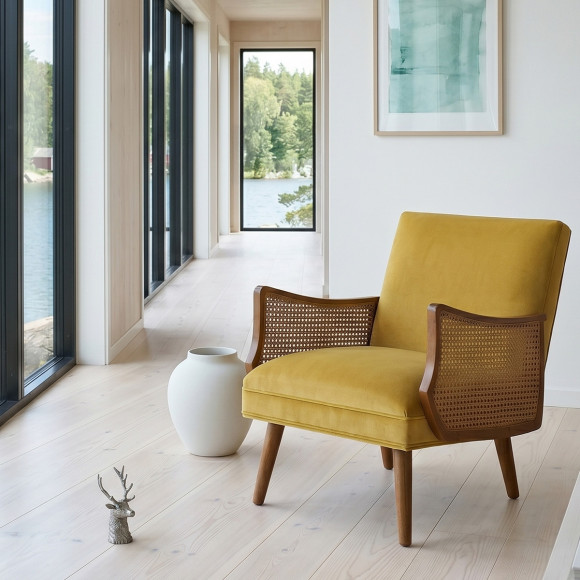 CUBA - Fauteuil style nordique en velours, bois massif et accoudoirs en cannage, 1 place
